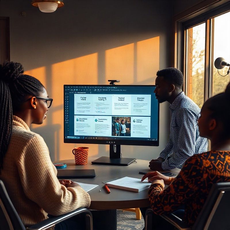 Small focused team gathered around a monitor reviewing a content strategy deck in a Kakamega office