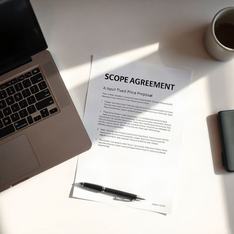 Minimal desk with a printed scope agreement, a pen, and a laptop showing a fixed-price proposal
