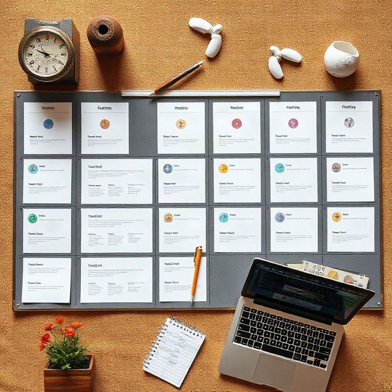Overhead flat-lay of an editorial planning board with workflow diagrams and a publishing calendar